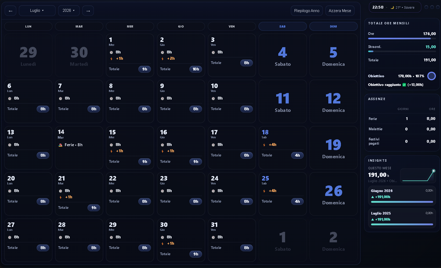 Calendario mensile di GestOre per Windows